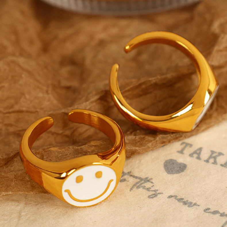 1 Pair Simple Series Cartoon Smiling Face Stainless Steel  Gold Color Women's Adjustable Rings h5 